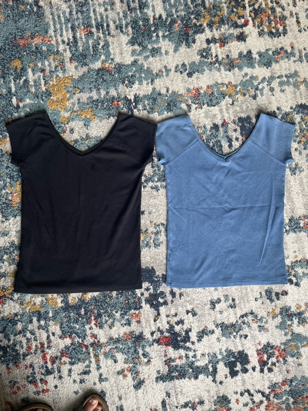 American Eagle Outfitters Short Sleeve V-Neck Top - Black and Blue
